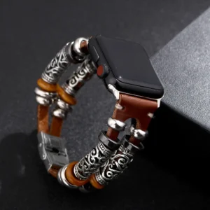 Luxury Stainless Steel & Wooden Bead Leather Strap – Smart Watch Band